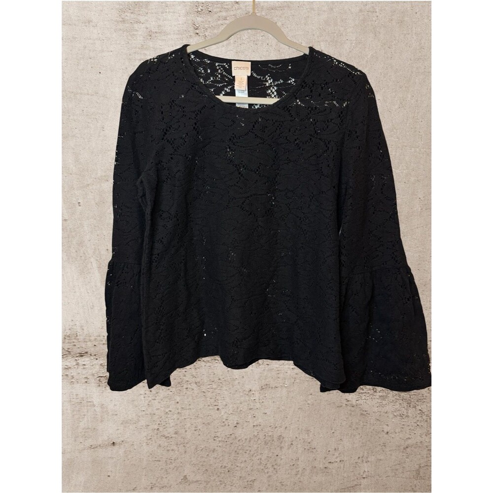 Chico's Black Lace Bell Sleeve Top Sz 1/M Floral Ruffle Cuff Whimsigoth Romantic
